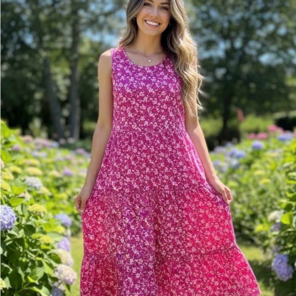 CHERISHH Italy Pink Floral Tiered Midi Dress Sz S Viscose Cottagecore Boho